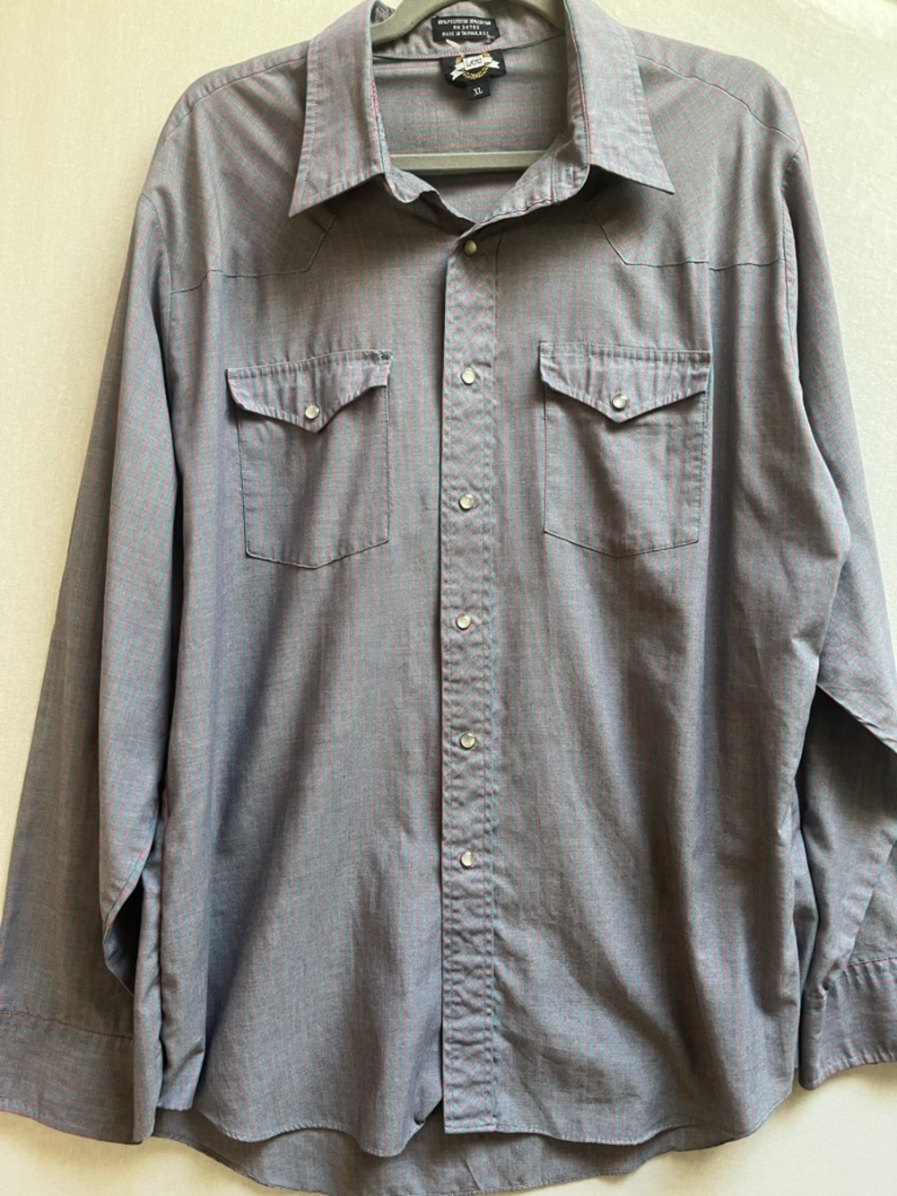Vintage Lee Pearl Snap Button Up Shirt XL Fine Pink Stripe Western Grey